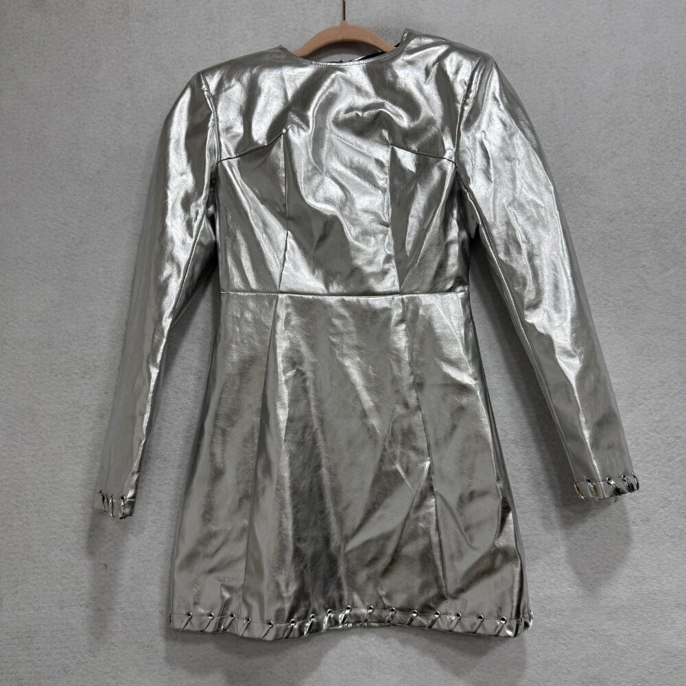 AMYLYNN Dress Womens Small Silver Metallic Long Sleeve Mini Zipper Party Modern